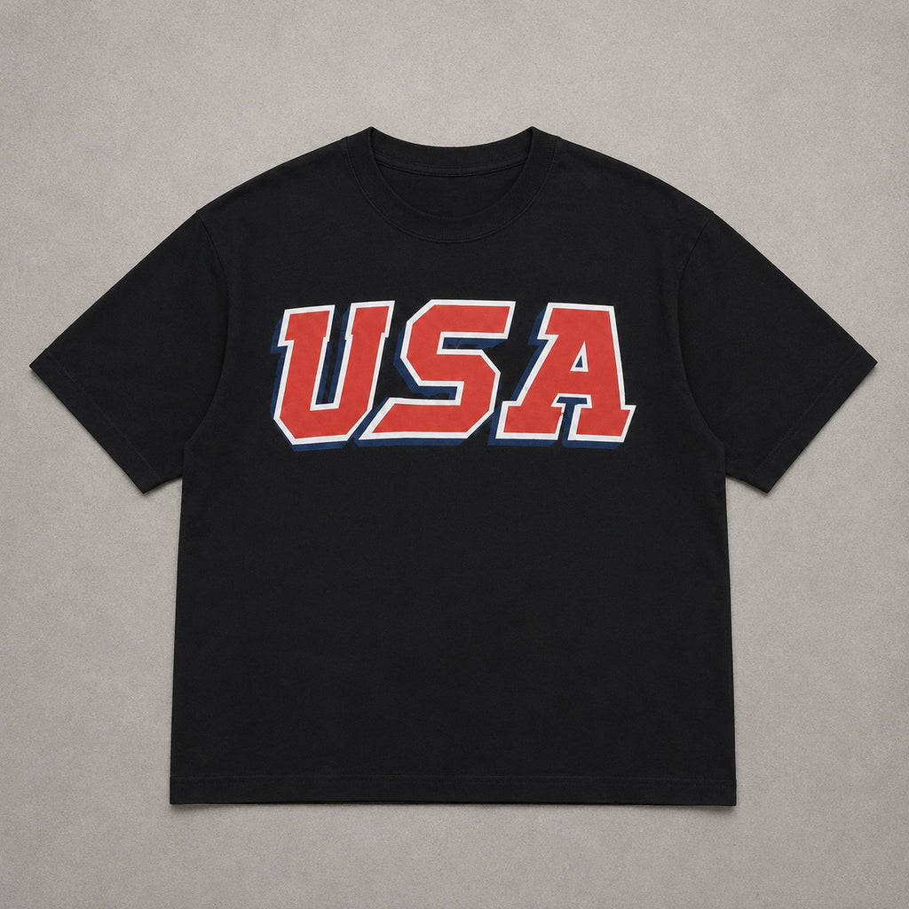 USA patriotic Fourth of July graphic tee black front flat lay