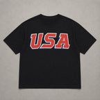 USA patriotic Fourth of July graphic tee black front flat lay