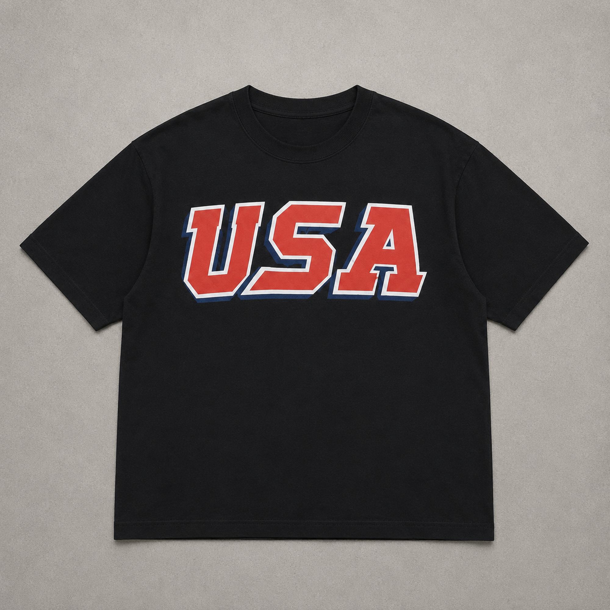 USA patriotic Fourth of July graphic tee black front flat lay