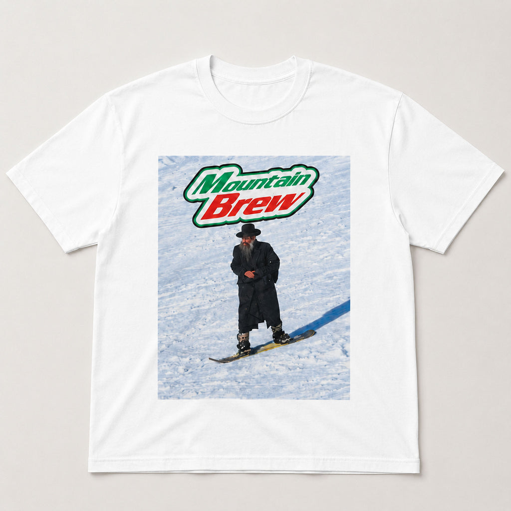 Mountain Brew funny ski meme graphic tee white front flat lay