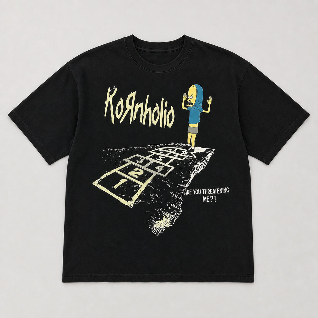 Black Kornholio hopscotch funny graphic tee full front flat lay
