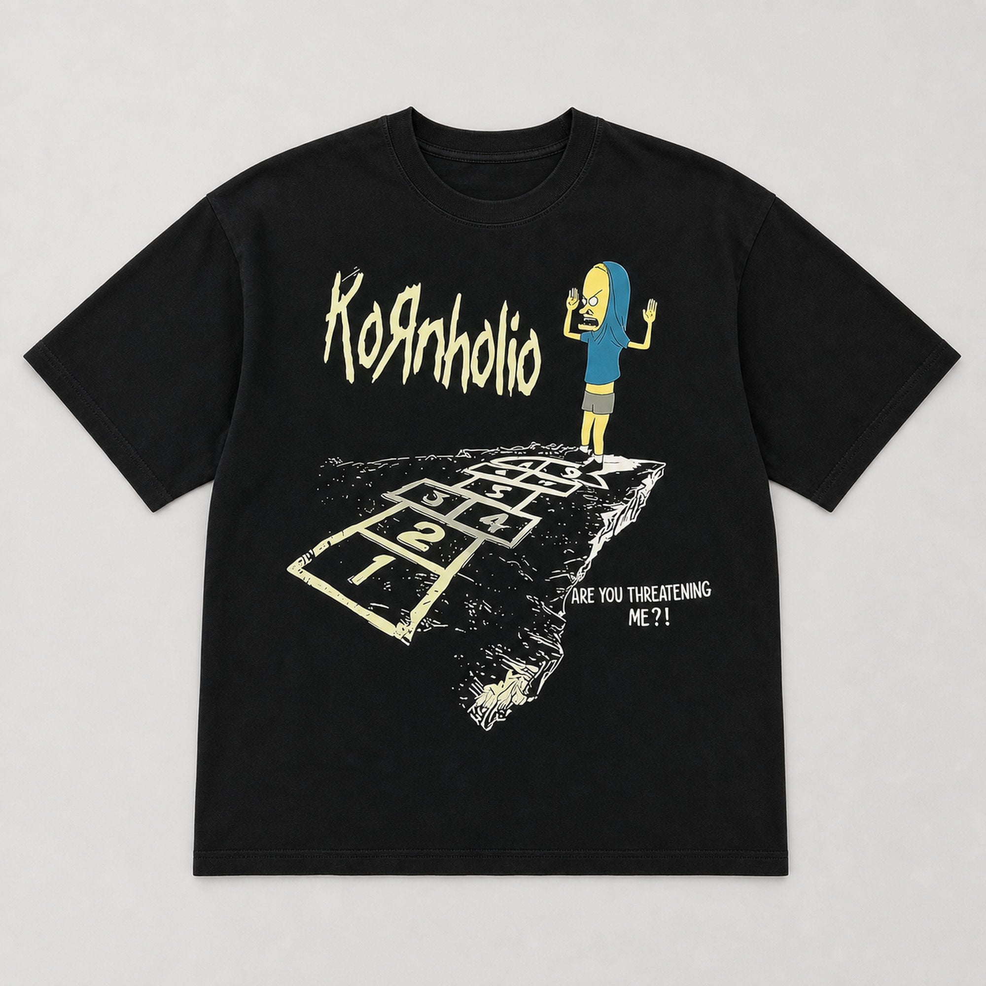 Black Kornholio hopscotch funny graphic tee full front flat lay