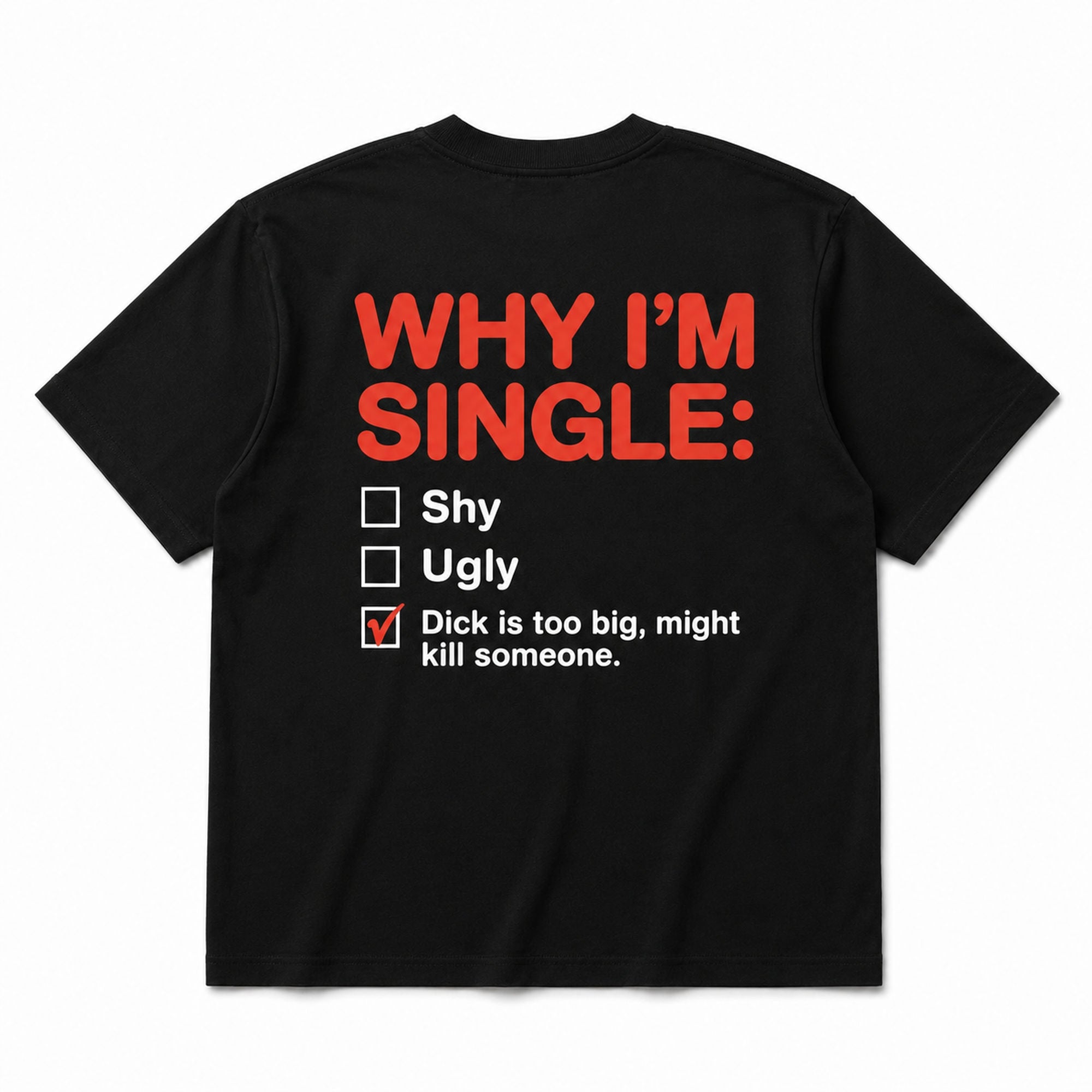 Why I'm Single funny dating humor graphic tee black back print flat lay