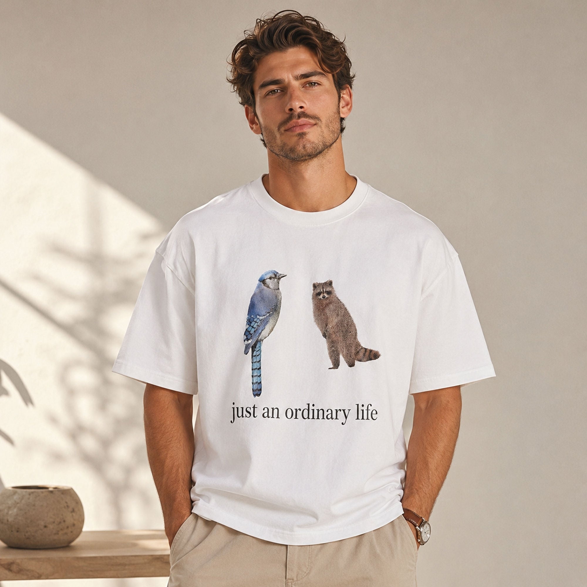 Just An Ordinary Life Blue Jay Raccoon Funny Graphic Tee front print product photo 04 | Diya Glow