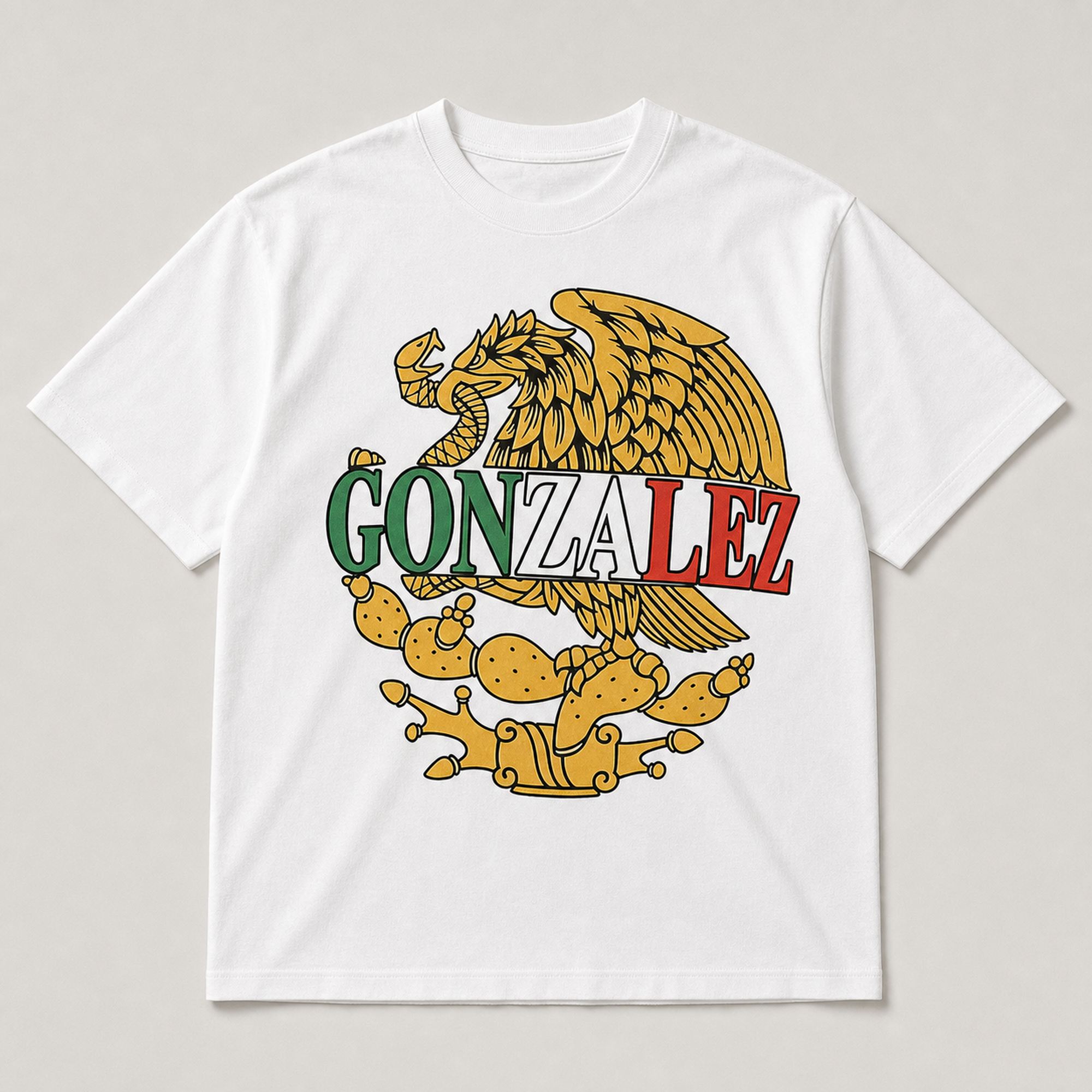 White Gonzalez Mexican heritage eagle graphic tee full front flat lay