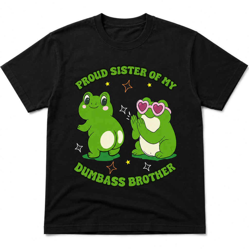 Proud Sister Brother funny frog graphic tee black front print flat lay