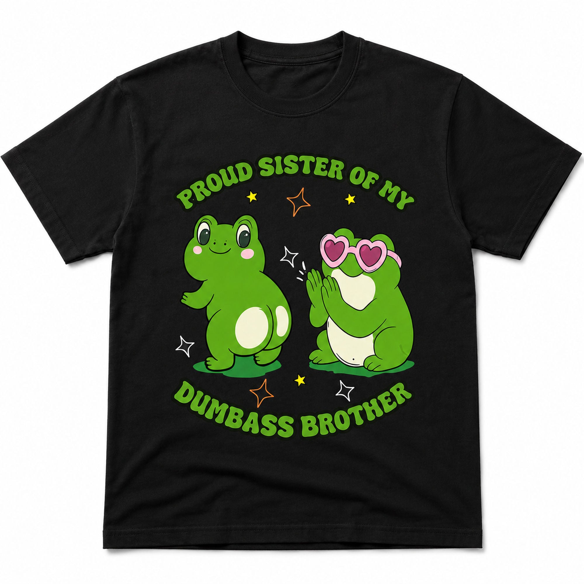 Proud Sister Brother funny frog graphic tee black front print flat lay