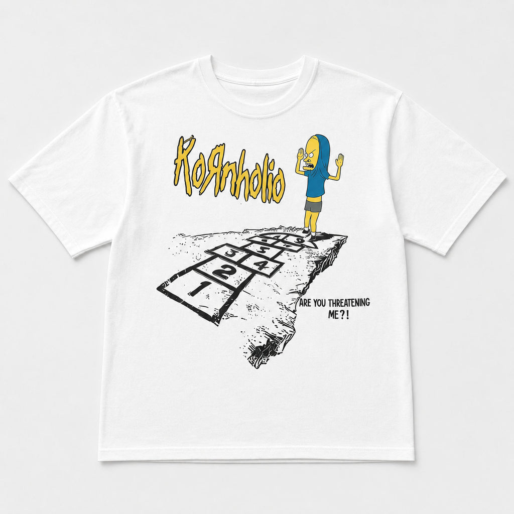 White Kornholio hopscotch funny graphic tee full front flat lay