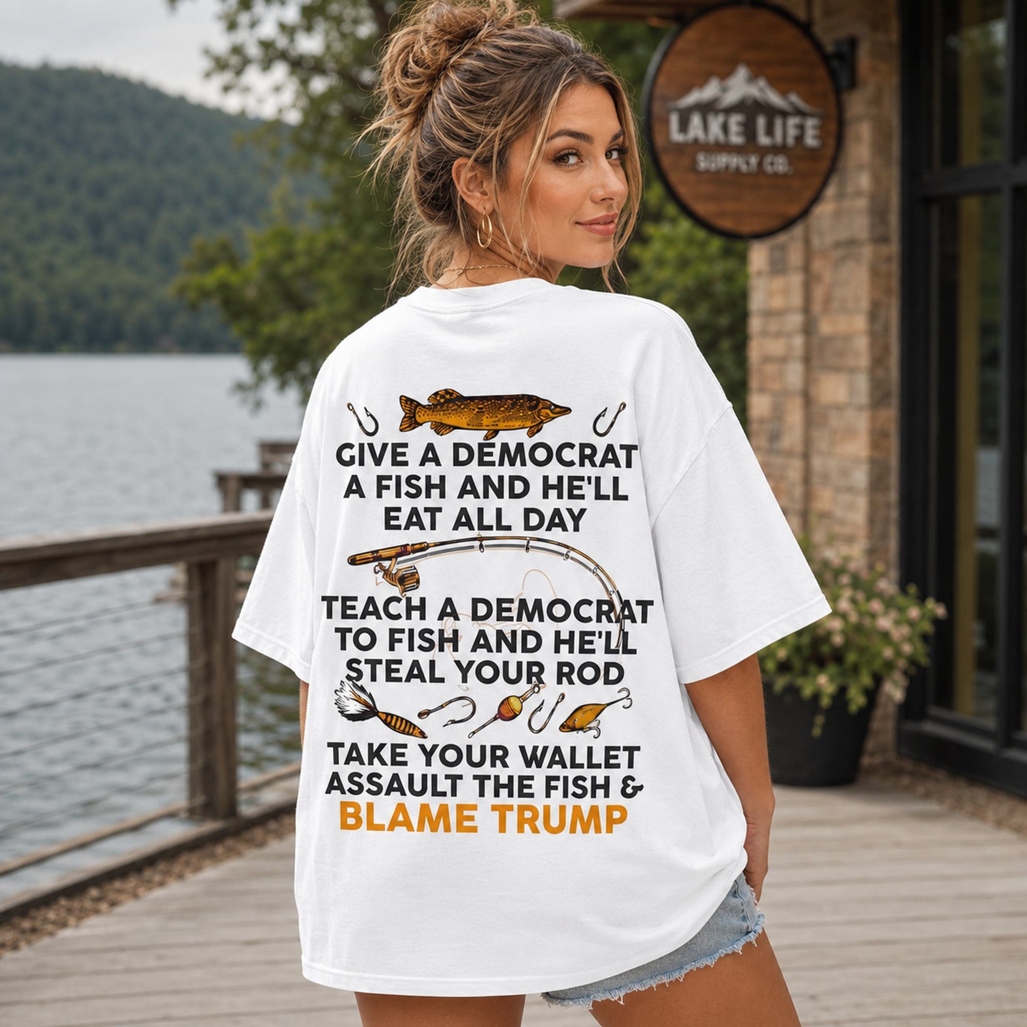 Give A Democrat A Fish Funny Graphic Tee front print product photo 04 | Diya Glow