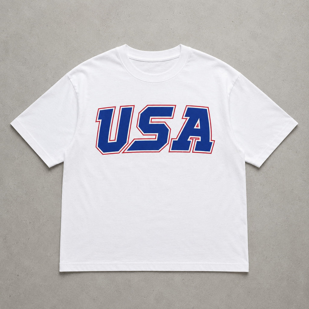USA patriotic Fourth of July graphic tee white front flat lay