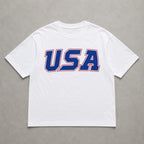 USA patriotic Fourth of July graphic tee white front flat lay