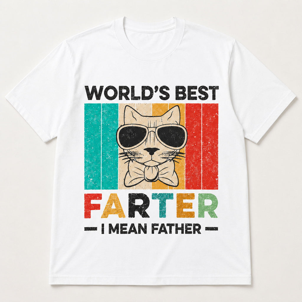 World's Best Farter I Mean Father funny cat dad graphic tee white front flat lay
