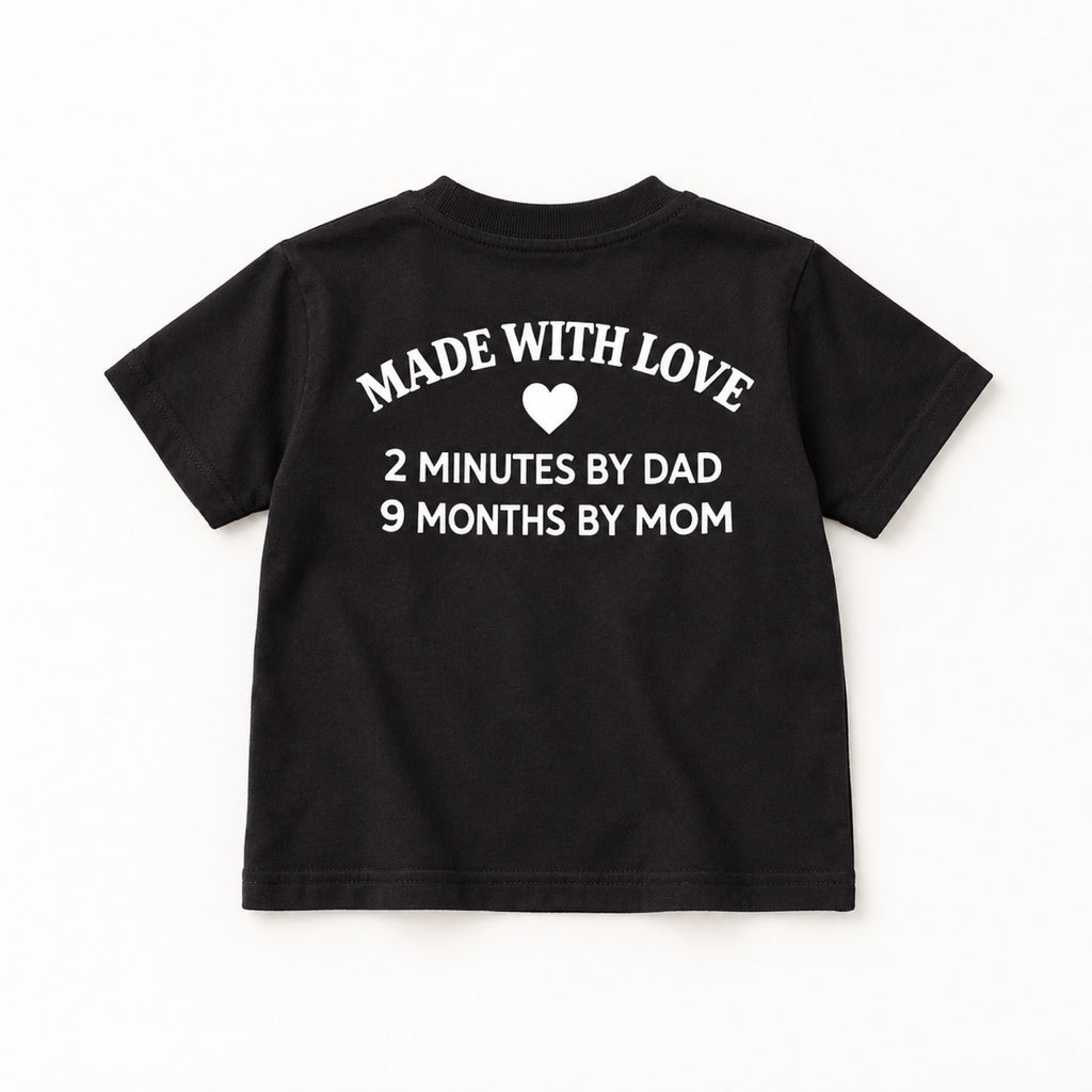 Made With Love black children’s T-shirt back flat lay showing the heart and family slogan