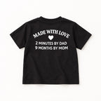 Made With Love black children’s T-shirt back flat lay showing the heart and family slogan