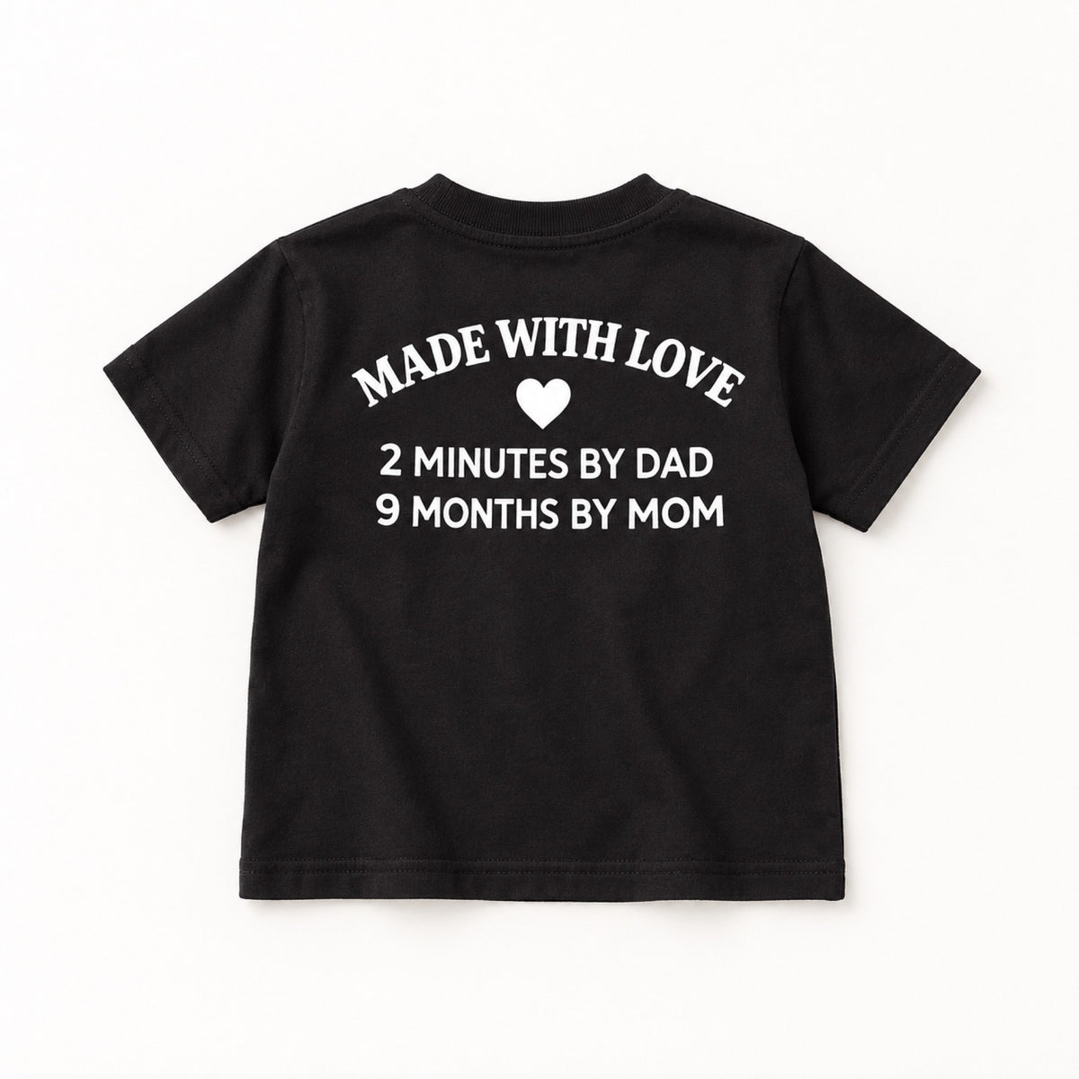 Made With Love black children’s T-shirt back flat lay showing the heart and family slogan