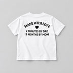 Made With Love white children’s T-shirt back flat lay showing black heart and family slogan