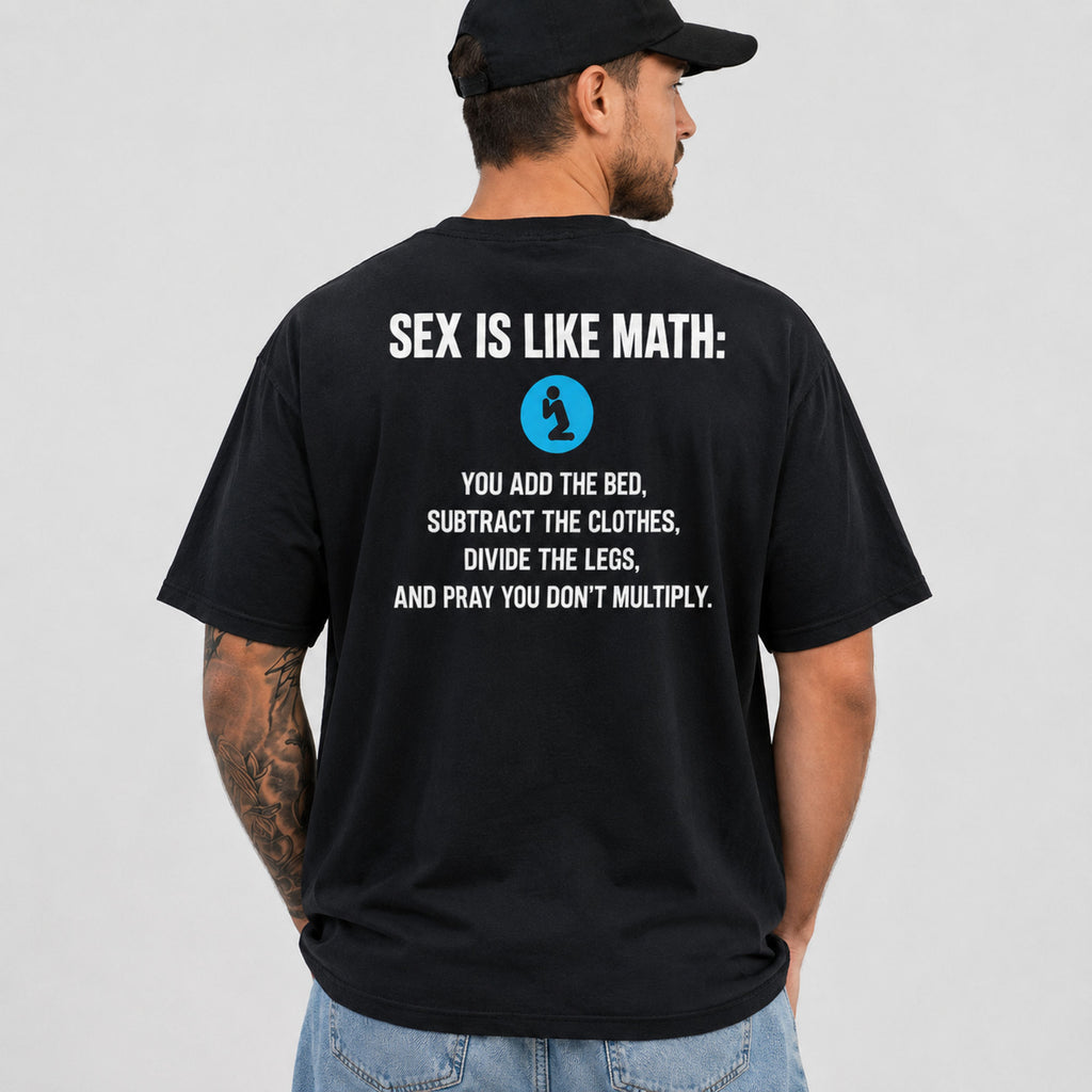 Male model wearing black Sex Is Like Math funny adult back-print graphic tee in a clean studio back view