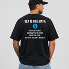 Male model wearing black Sex Is Like Math funny adult back-print graphic tee in a clean studio back view