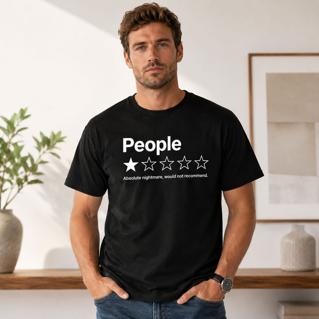 People one-star review funny graphic tee black front model lifestyle image