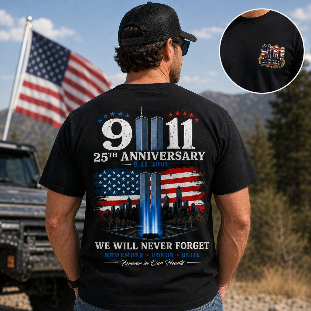 We Will Never Forget 9/11 25th anniversary memorial graphic tee black oversized back print on male model with front emblem inset