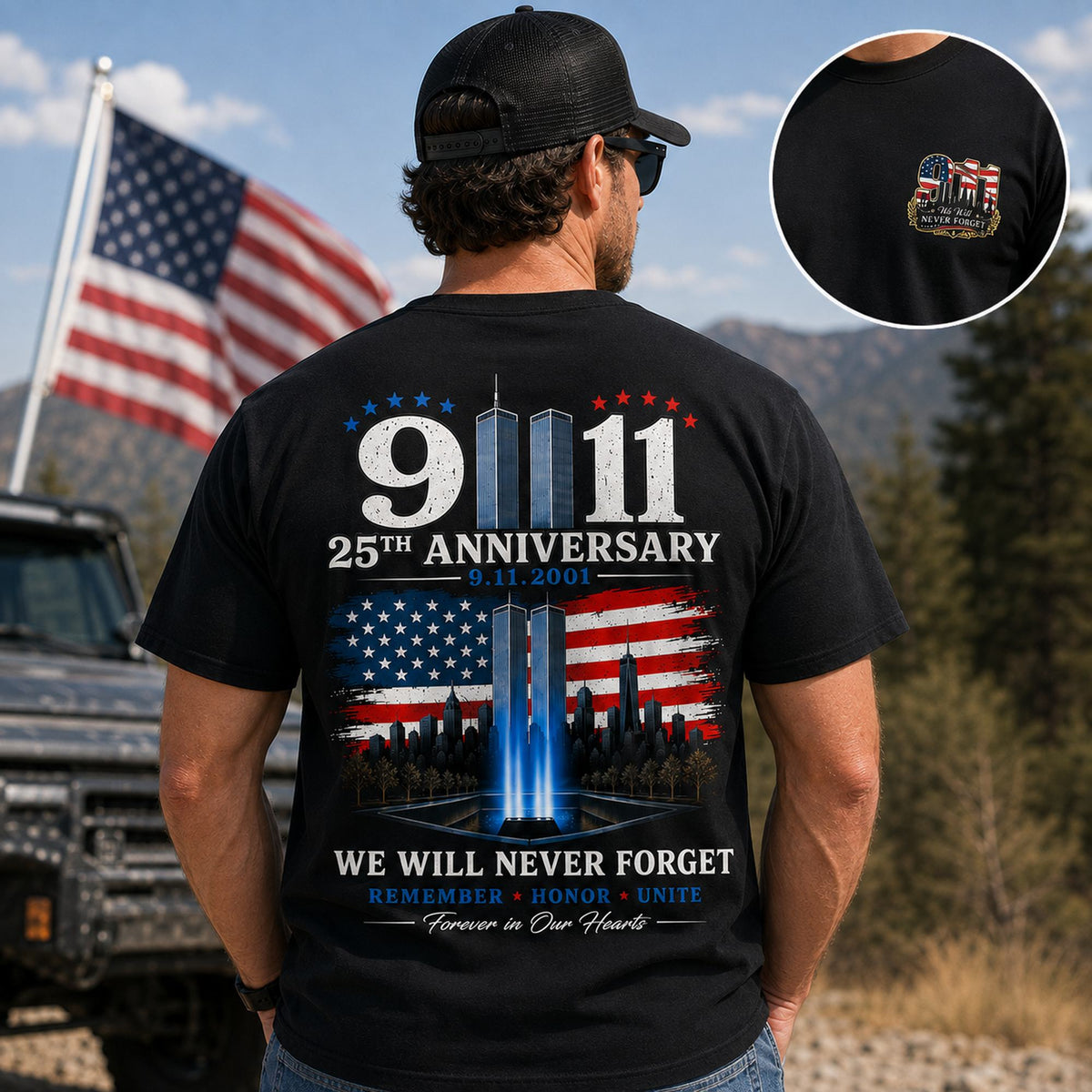 We Will Never Forget 9/11 25th anniversary memorial graphic tee black oversized back print on male model with front emblem inset