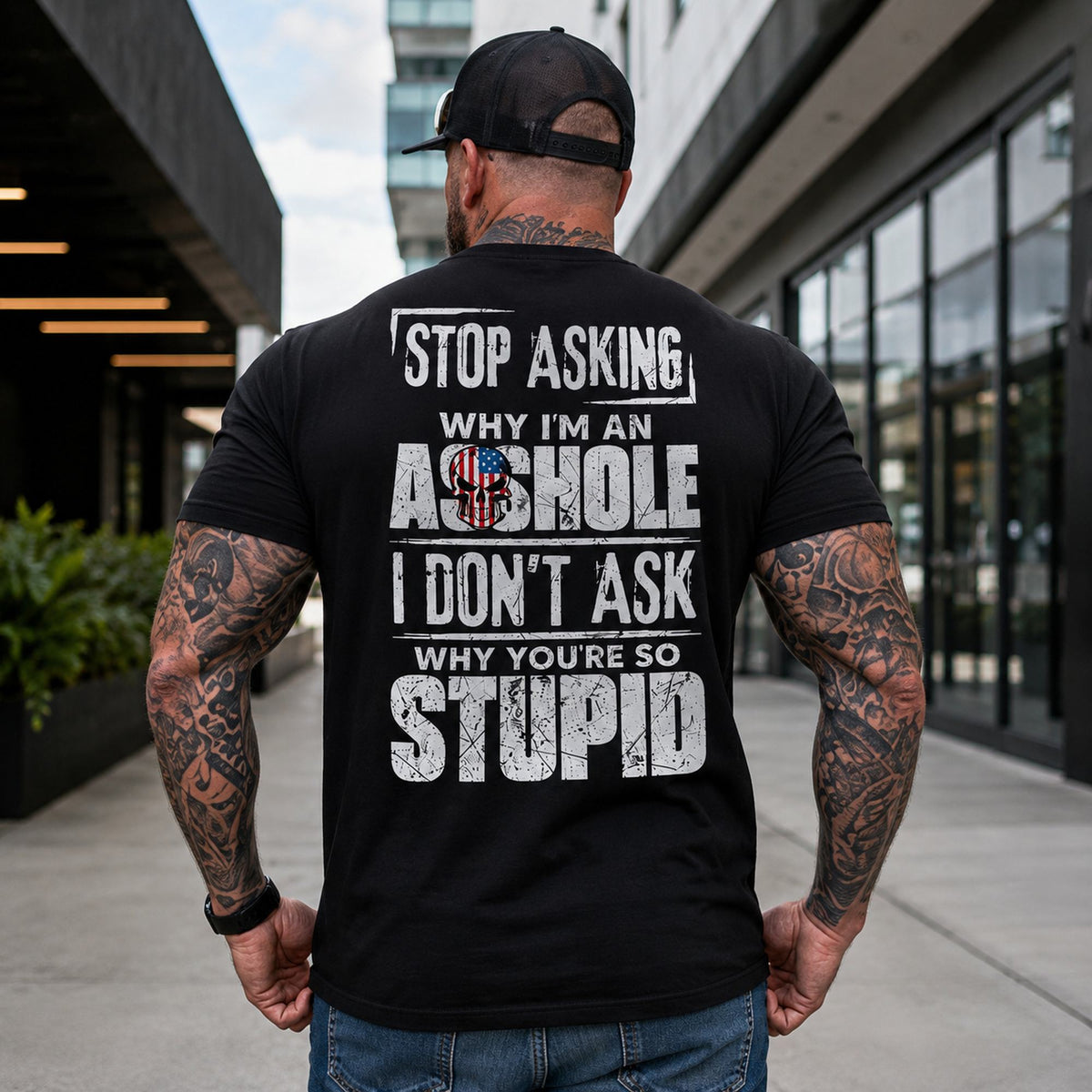 Stop Asking Why I'm an Asshole patriotic funny graphic tee black oversized back print male model