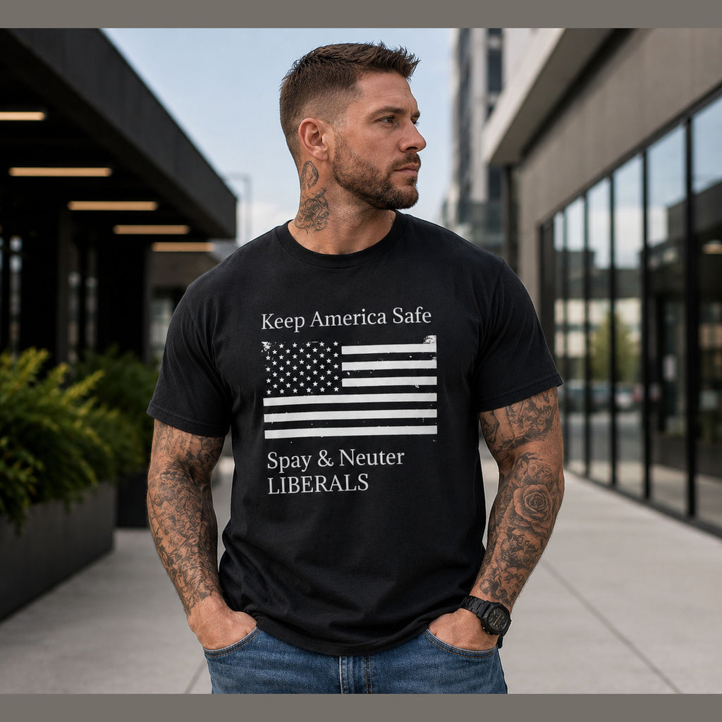 Keep America Safe political satire graphic tee black front on male model in urban setting