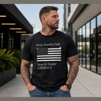 Keep America Safe political satire graphic tee black front on male model in urban setting
