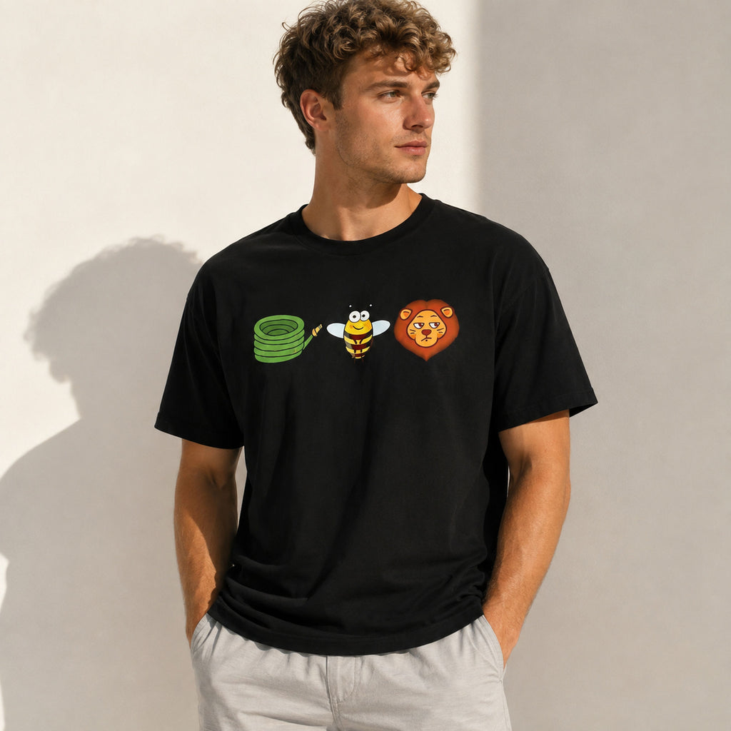 Black Hose Bee Lion rebus graphic tee on male model in sunlit neutral studio
