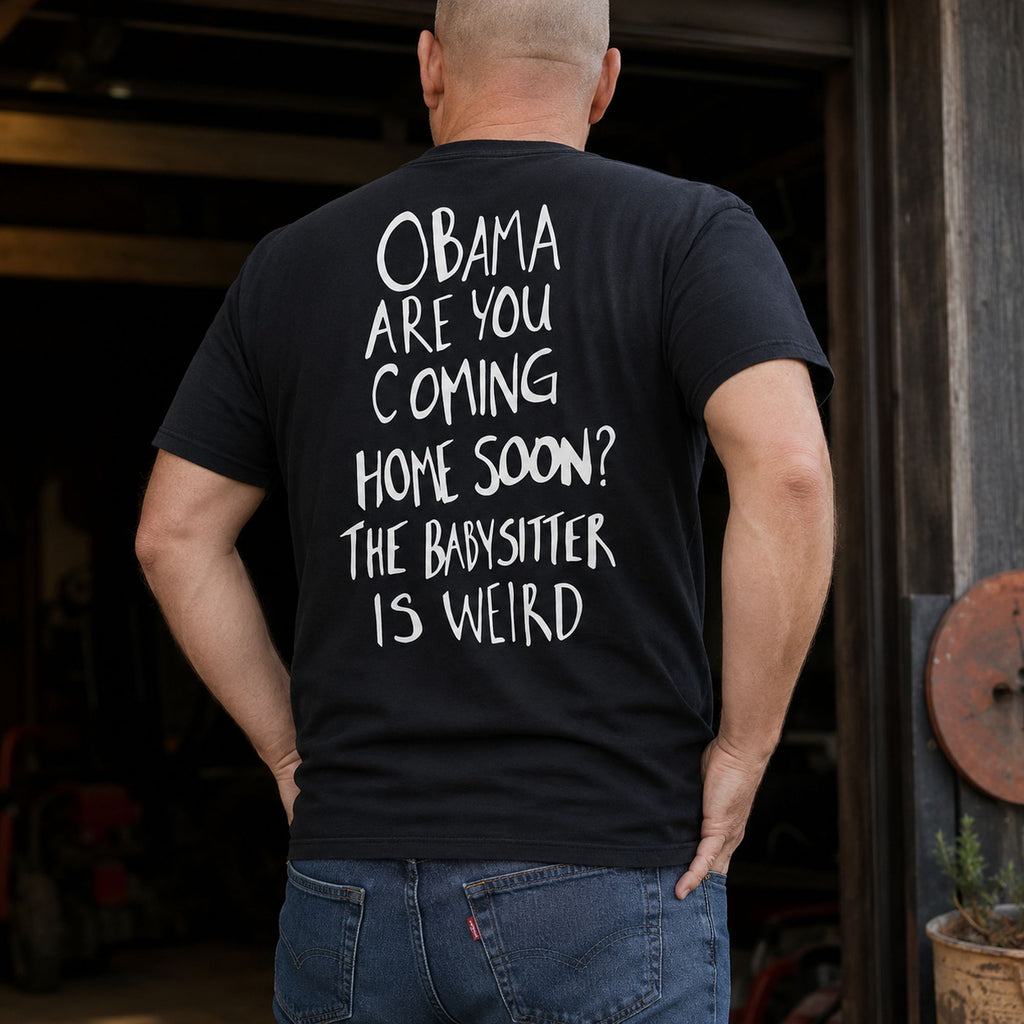 Obama Are You Coming Home Soon funny black graphic tee back print male model