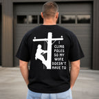 I Climb Poles lineman graphic tee black back view male model