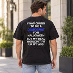 Democrat for Halloween blue-letter back-print graphic tee in black on a male model outdoors