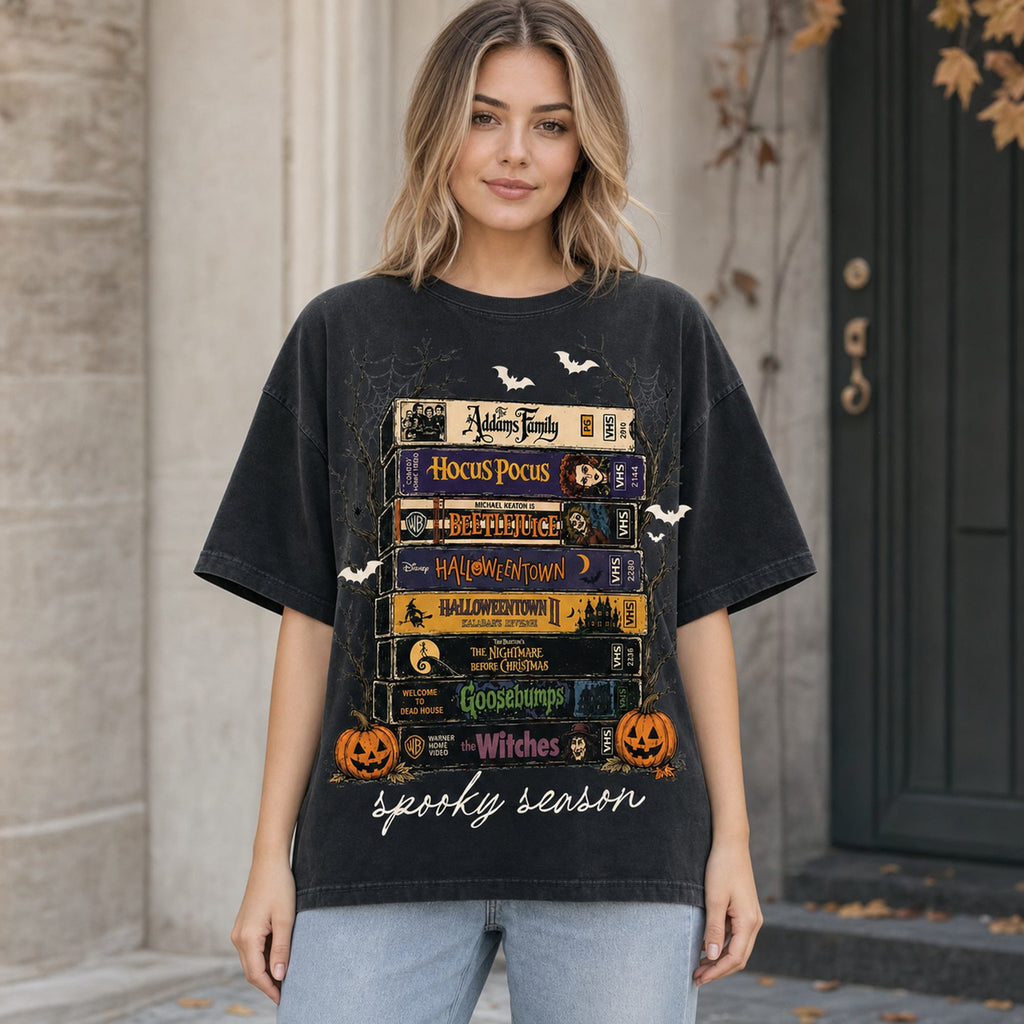 Spooky Season retro horror VHS stack graphic tee washed black front print female model outdoors