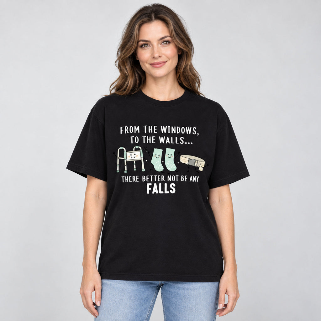 From the Windows No Falls nurse humor black graphic tee front view on female model