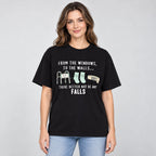 From the Windows No Falls nurse humor black graphic tee front view on female model