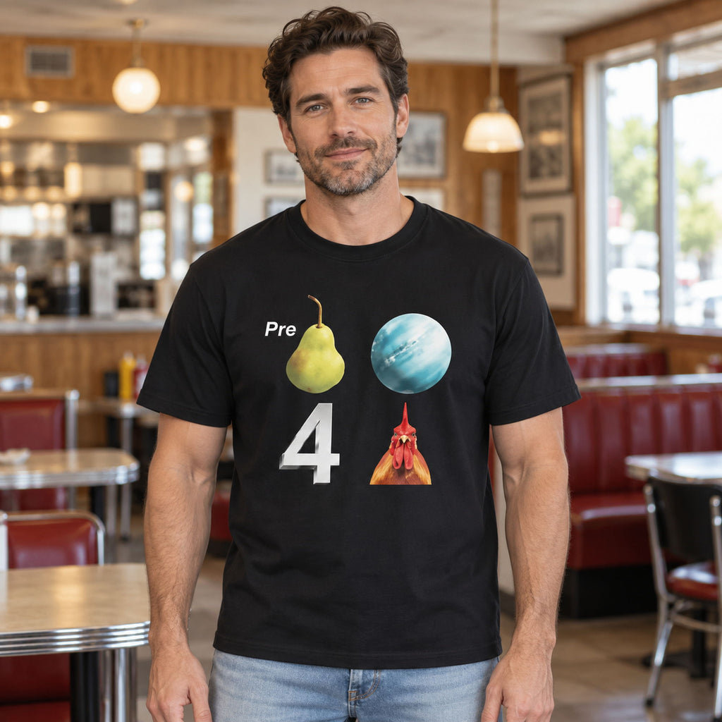 Pear Planet Rooster funny rebus graphic tee black front print on an adult male model in a diner