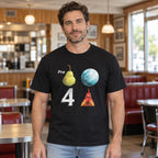 Pear Planet Rooster funny rebus graphic tee black front print on an adult male model in a diner