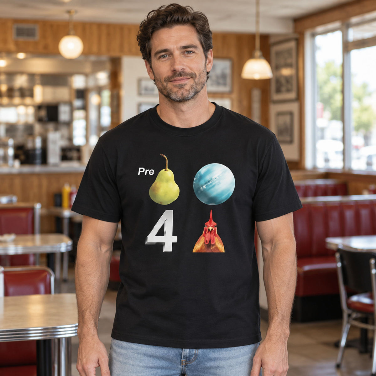 Pear Planet Rooster funny rebus graphic tee black front print on an adult male model in a diner