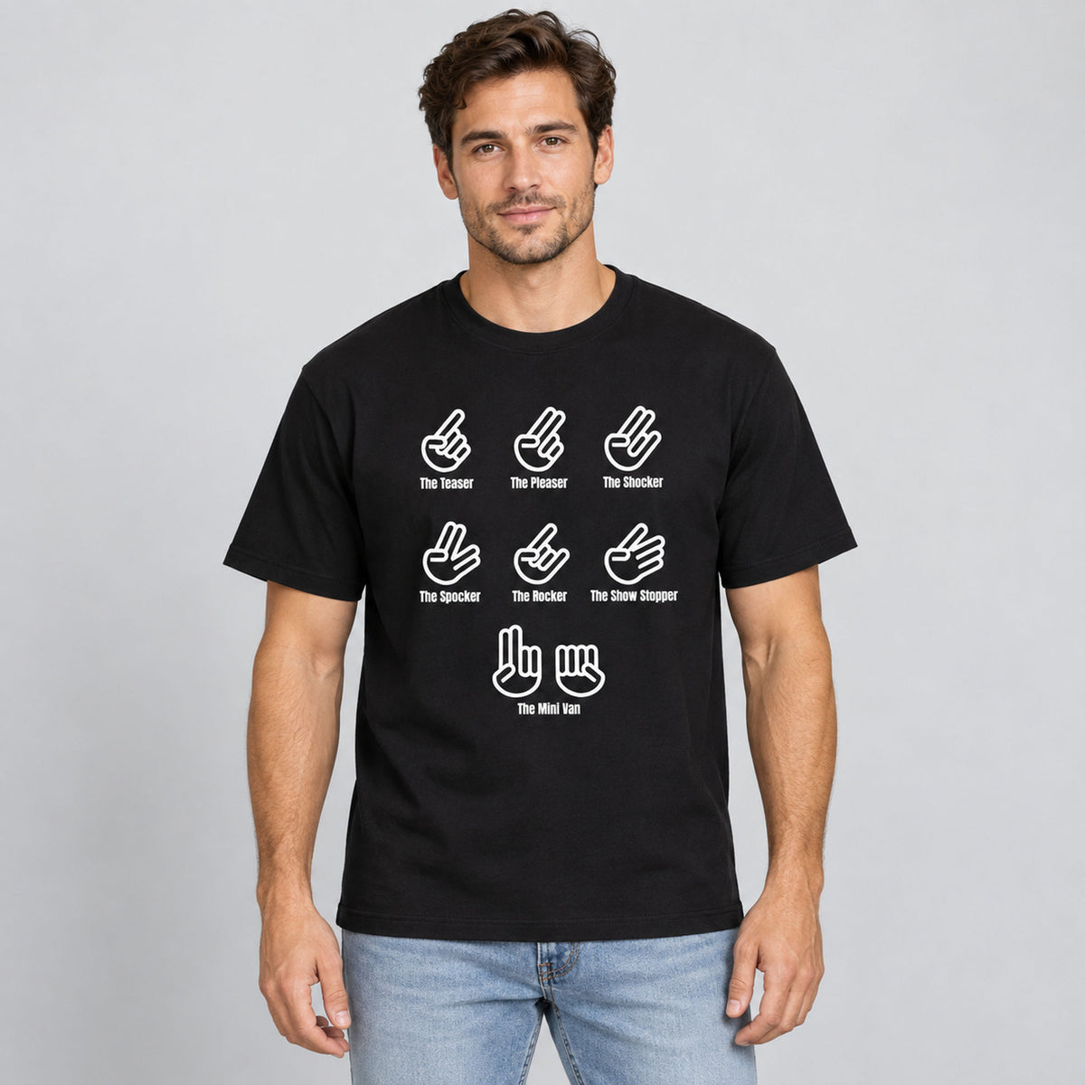 The Shocker hand gestures funny graphic tee black front print on an adult male model
