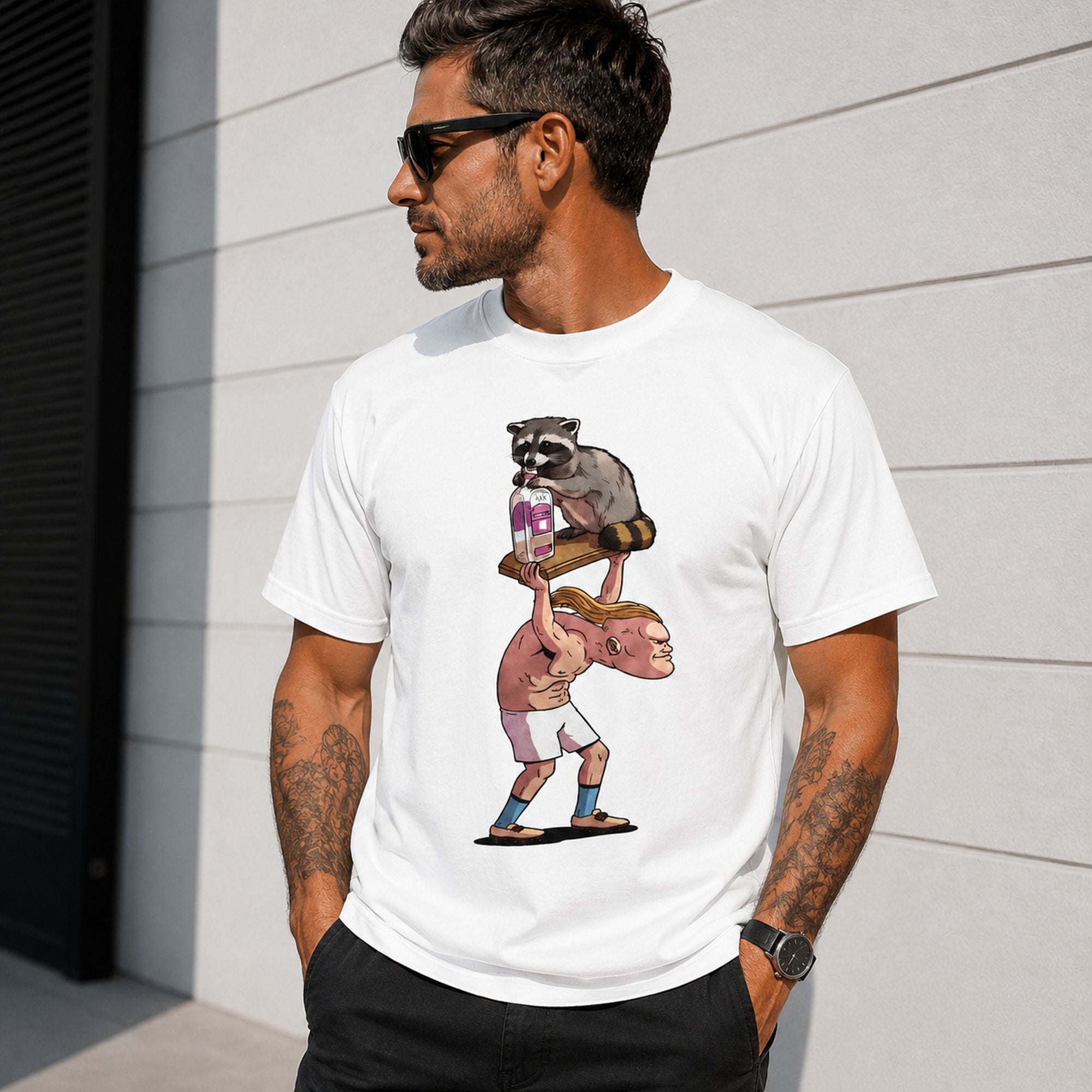 Raccoon Milk Lift political parody graphic tee white front print outdoor male model