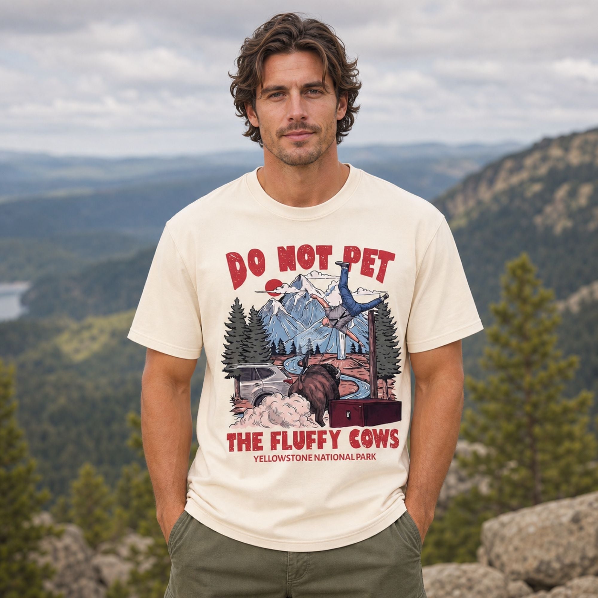 Yellowstone bison safety warning ivory graphic tee front male mountain model