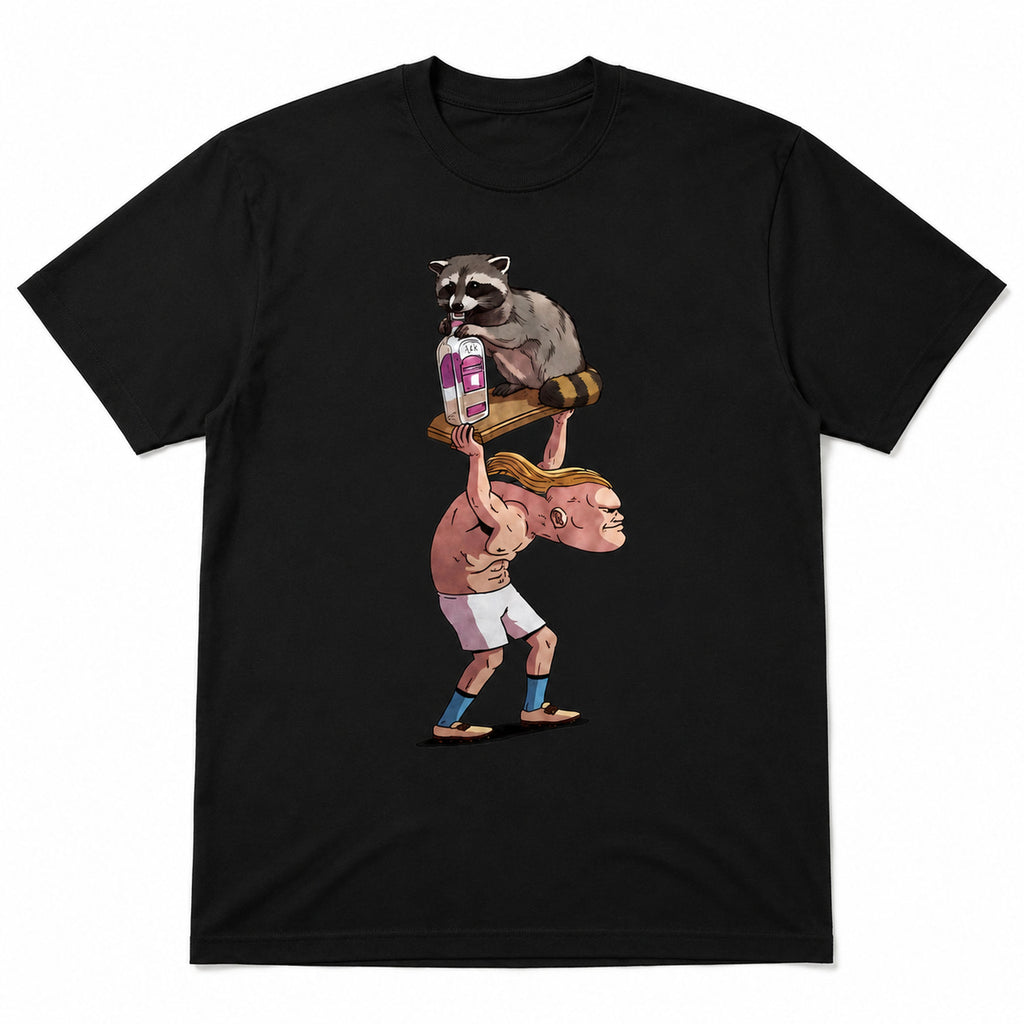Raccoon Milk Lift political parody graphic tee black front print flat lay