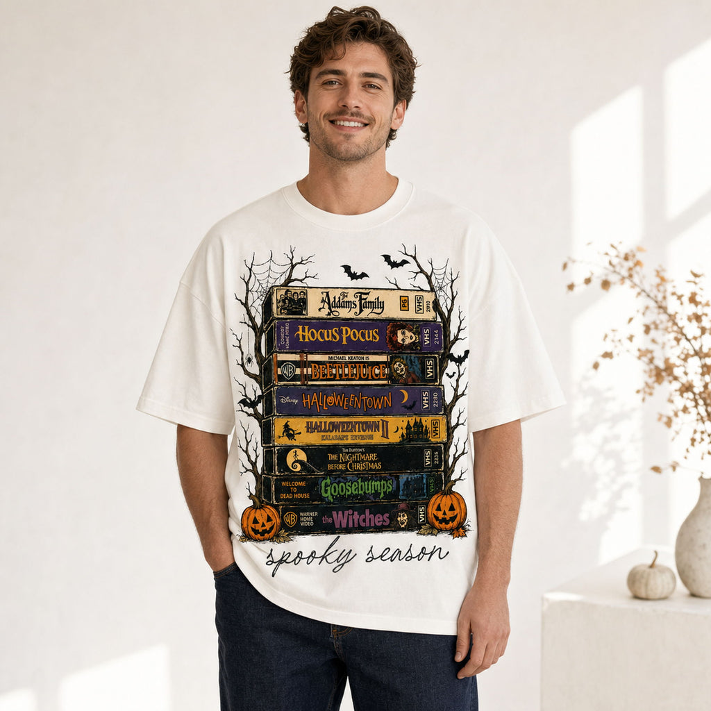 Spooky Season retro horror VHS stack graphic tee ivory front print male model studio