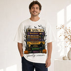 Spooky Season retro horror VHS stack graphic tee ivory front print male model studio