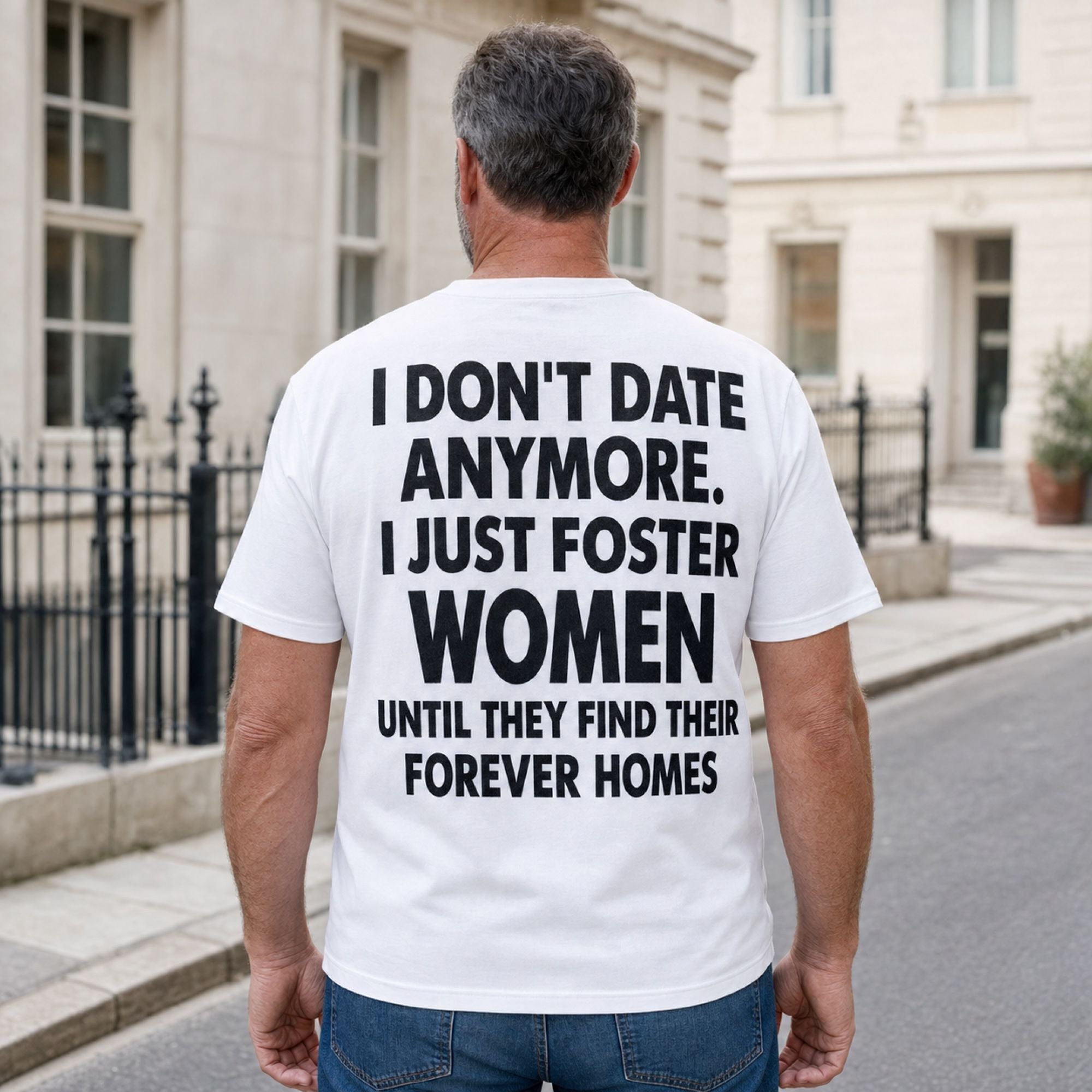 I Don't Date Anymore Foster Women funny back print white tee mature male model