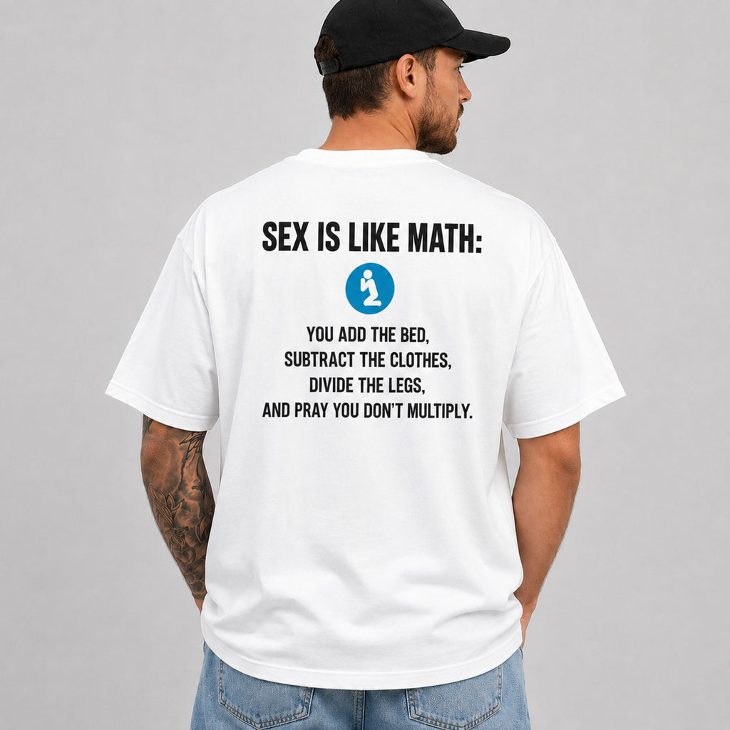 Male model wearing white Sex Is Like Math funny adult back-print graphic tee in a clean studio back view