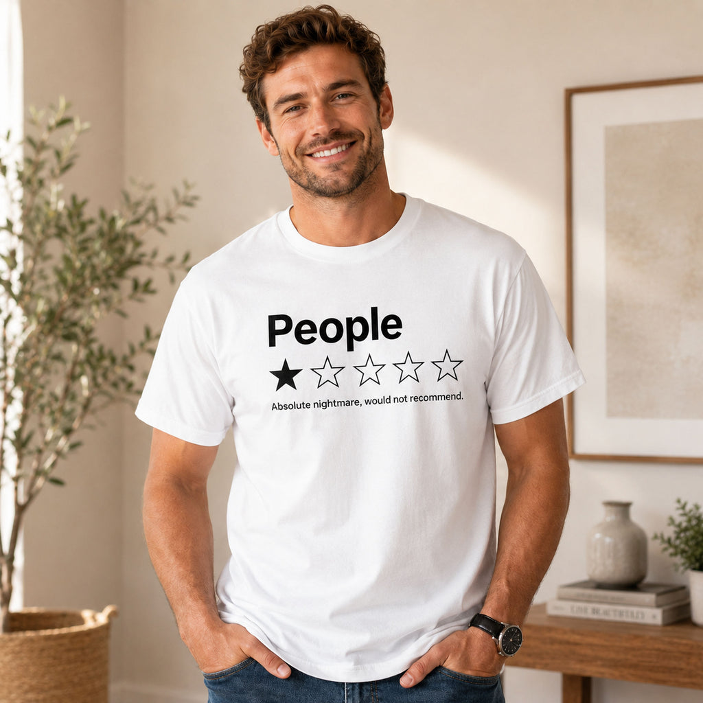 People one-star review funny graphic tee white front model lifestyle image