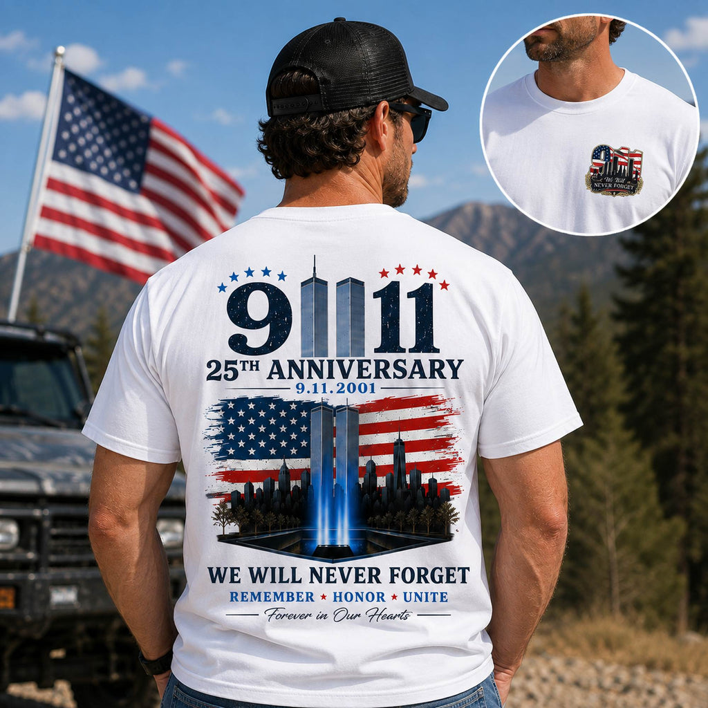 We Will Never Forget 9/11 25th anniversary memorial graphic tee white oversized back print on male model with front emblem inset