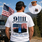 We Will Never Forget 9/11 25th anniversary memorial graphic tee white oversized back print on male model with front emblem inset