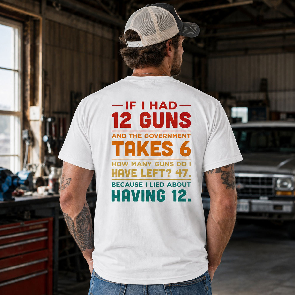 If I Had 12 Guns government math funny graphic tee white oversized back print male workshop model